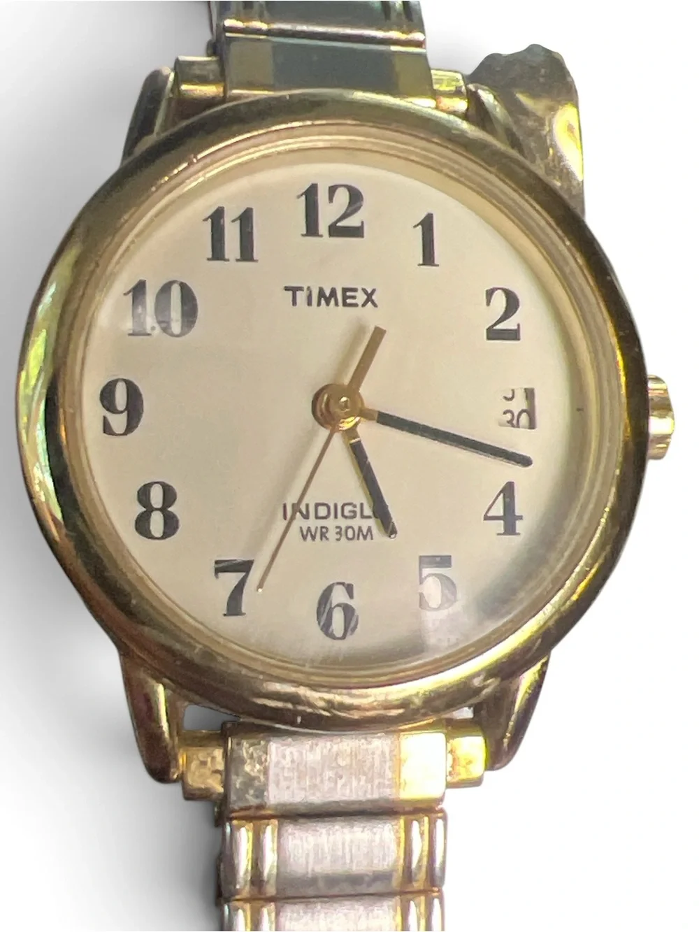 Timex Indiglo Watch Gold Tone Expansion Band Date WR 30M Easy Reader C9 2004